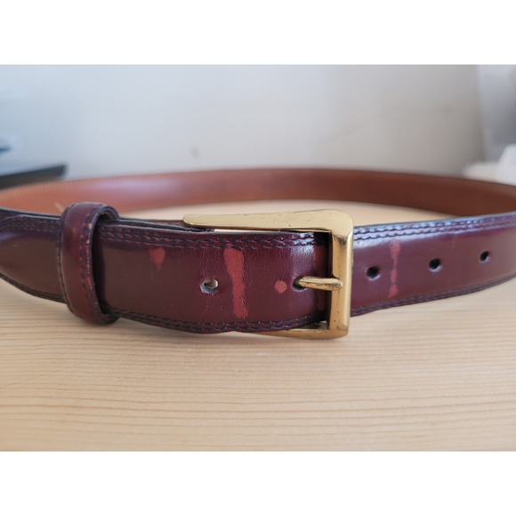 Accessories - Vintage Burgundy Hand Antiqued Brush Off Leather Belt Gold Buckle Oxblood